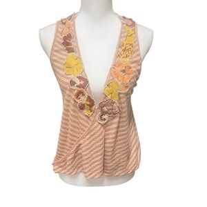 Free People Frida Orange & Beige Striped Surplice Floral Appliqué Tank Top Sz. M